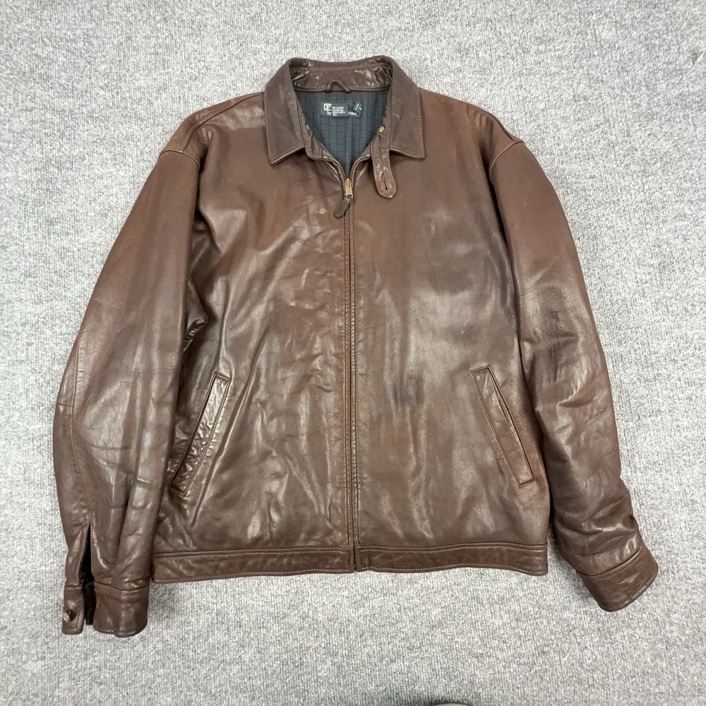 Polo Ralph Lauren Jacket Mens XL Brown Leather Full Zip Bomber Plaid Lined